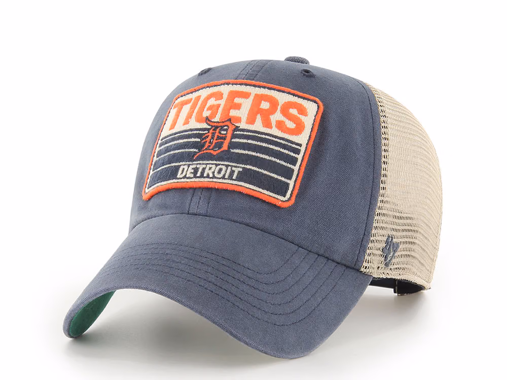 47Brand Detroit Tigers Vintage Navy Four Stroke Edition Trucker Clean Up Snapback Hat front
