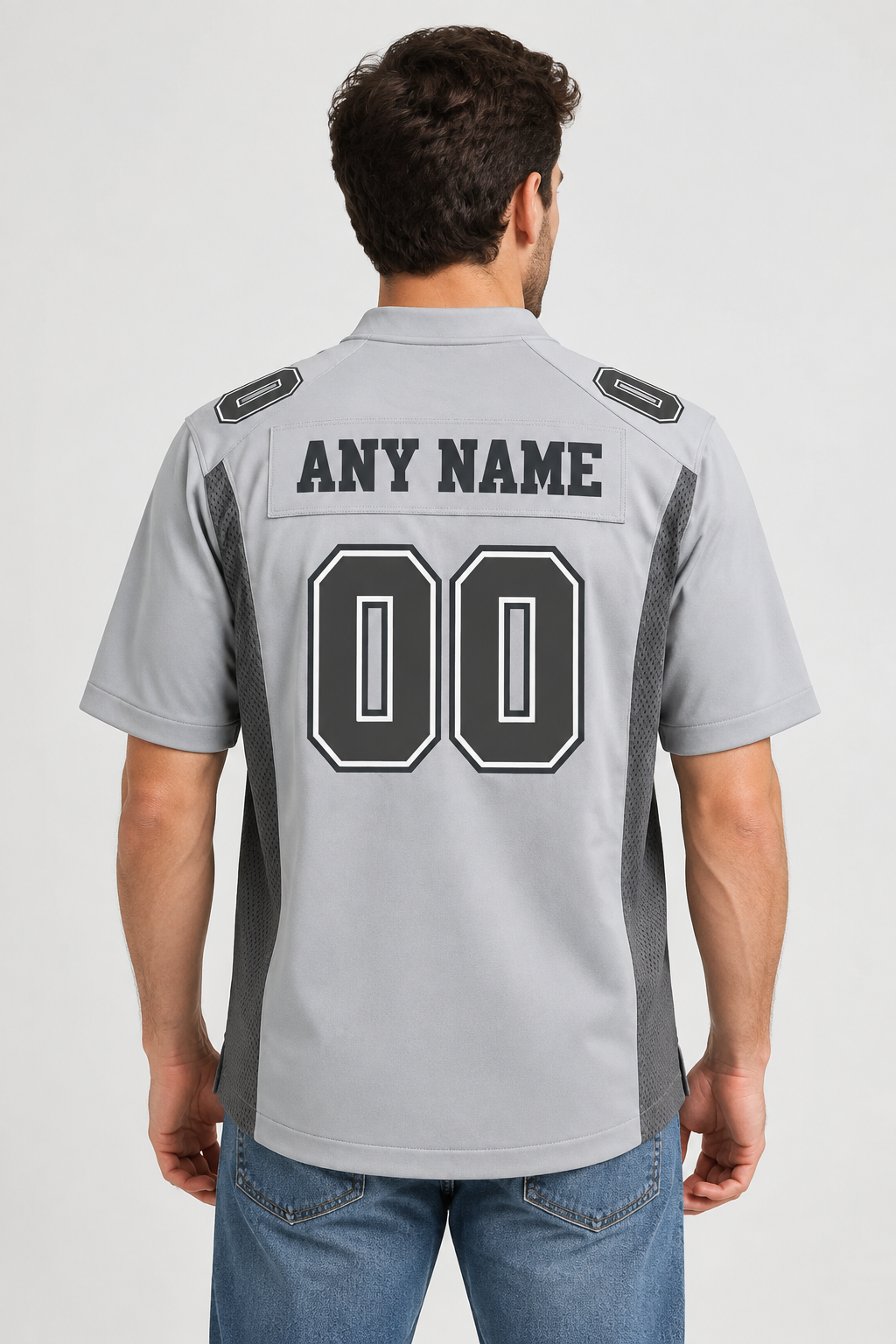 Editorial model wearing the listing from the back for Dallas Cowboys Gray Jersey Custom Superior Game Day Style