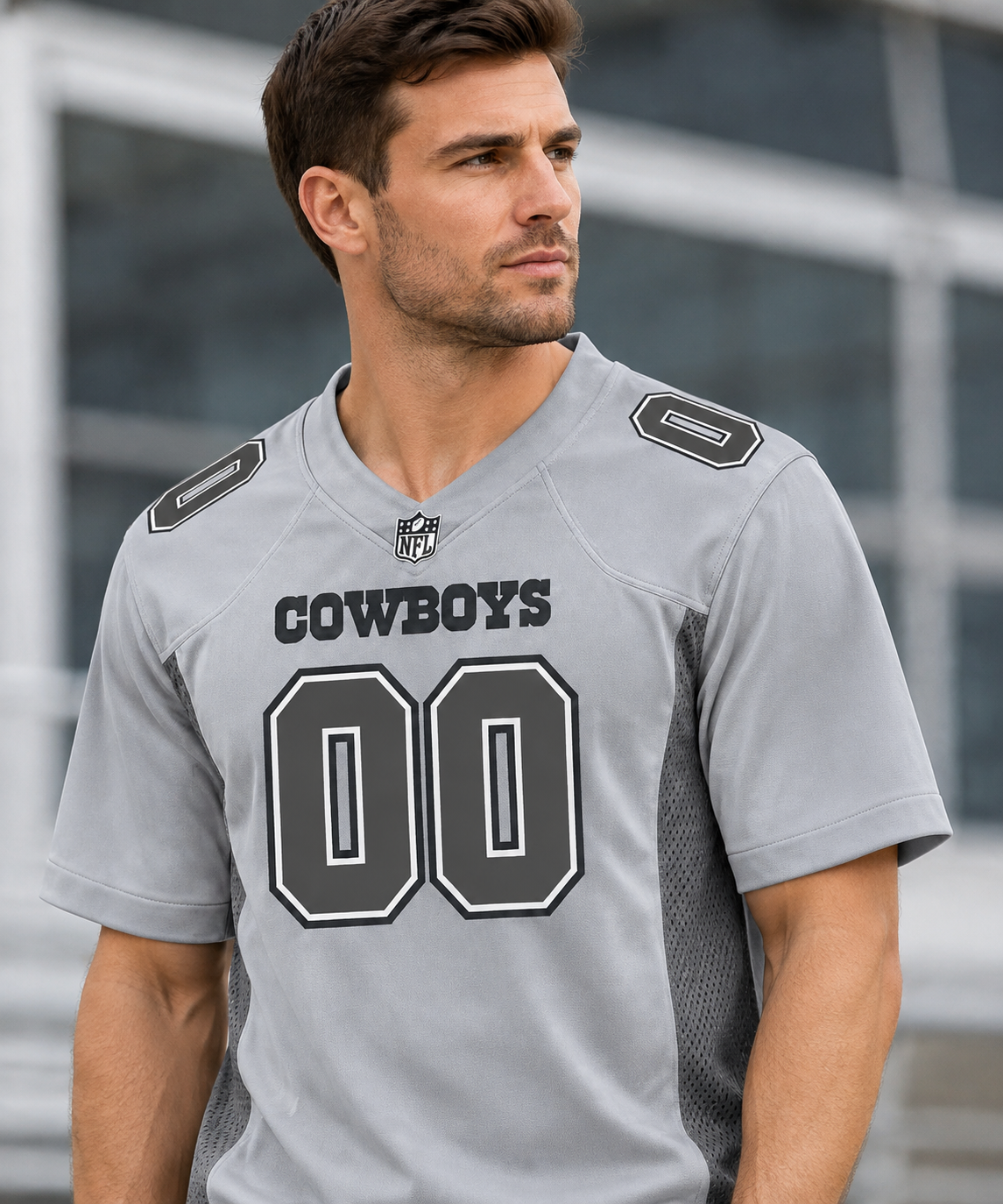 Close editorial detail of the listing worn on a model for Dallas Cowboys Gray Jersey Custom Superior Game Day Style