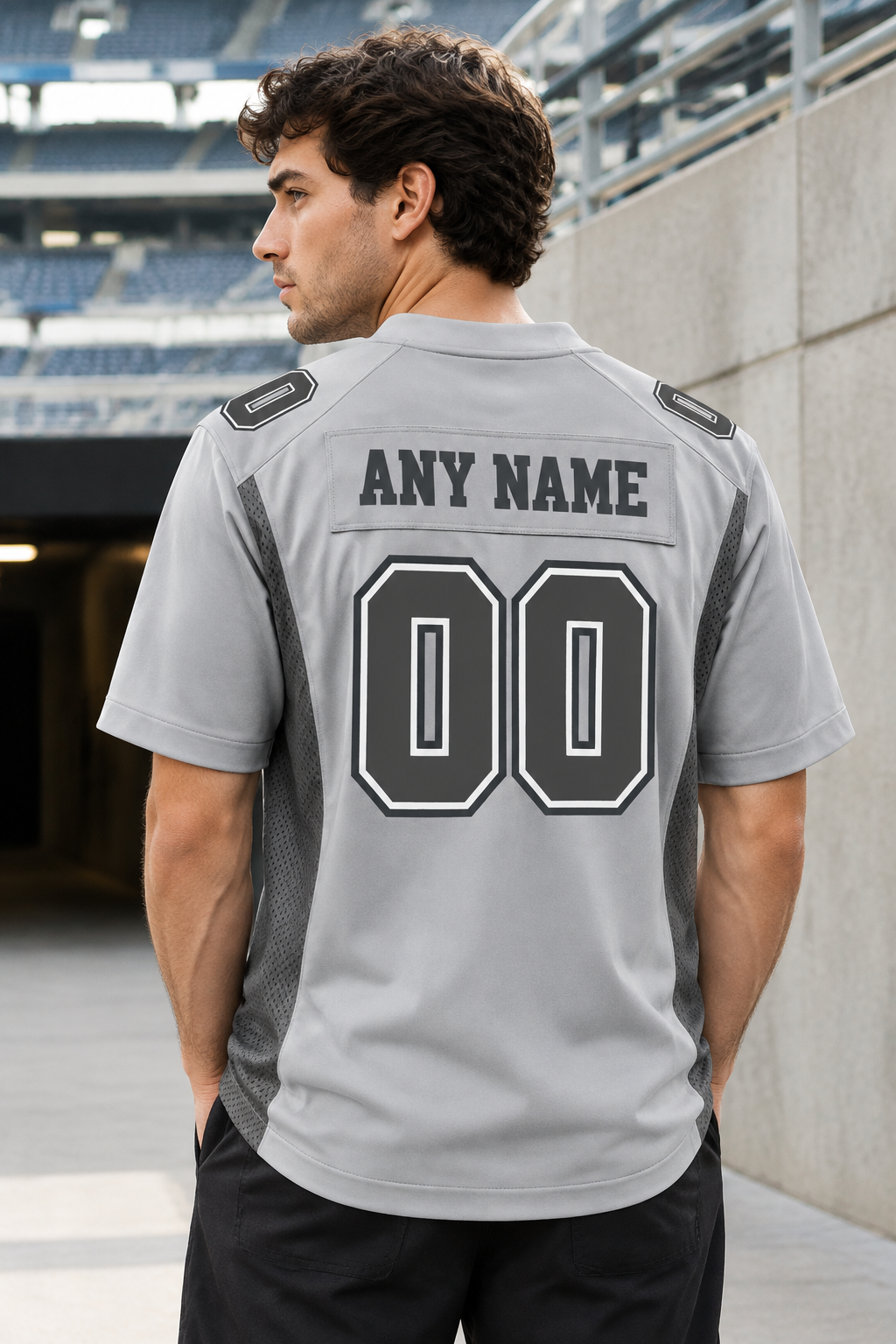 Matchday editorial model wearing the listing for Dallas Cowboys Gray Jersey Custom Superior Game Day Style