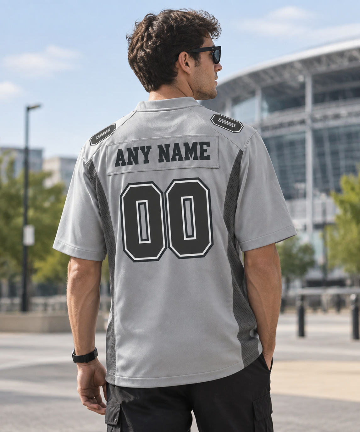 Editorial street-style model wearing the listing for Dallas Cowboys Gray Jersey Custom Superior Game Day Style