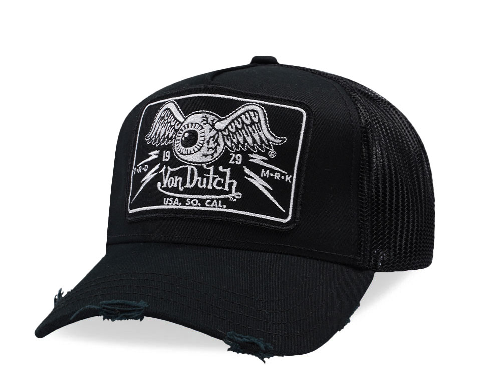 Von Dutch Square Patch Distressed Black Trucker Snapback Hat front