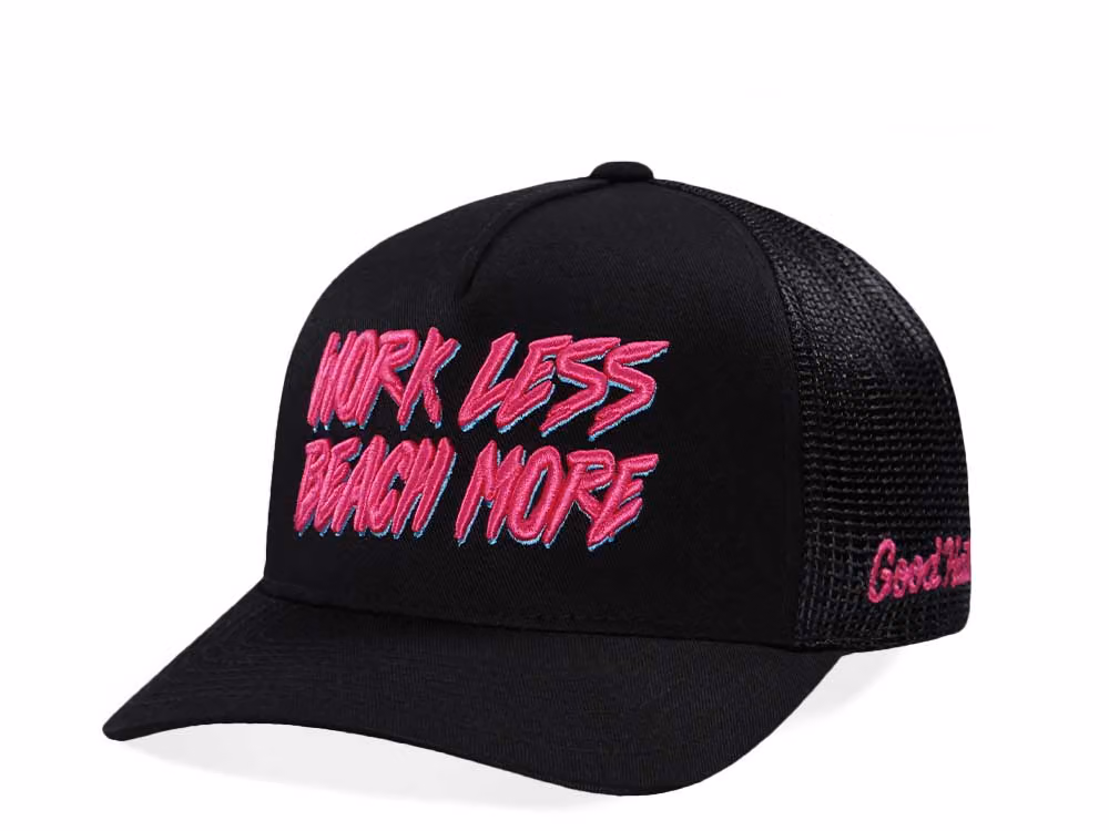 Good Hats Work Less Beach More Black Trucker Edition Snapback Hat front