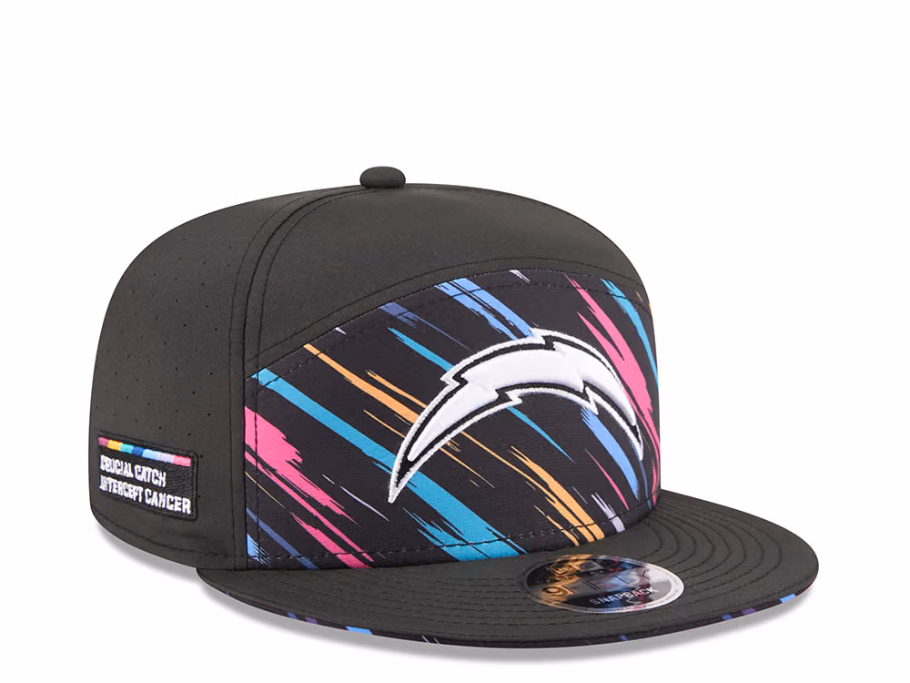 New Era Los Angeles Chargers Crucial Catch 2026 Black Edition 9Fifty Split Panel Snapback Hat front