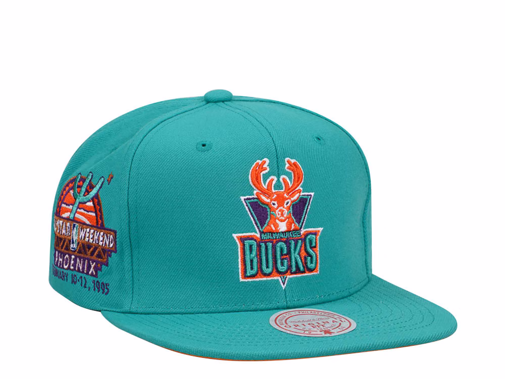 Mitchell & Ness Milwaukee Bucks Desert Green Hardwood Classic All Star Weekend Snapback Hat front