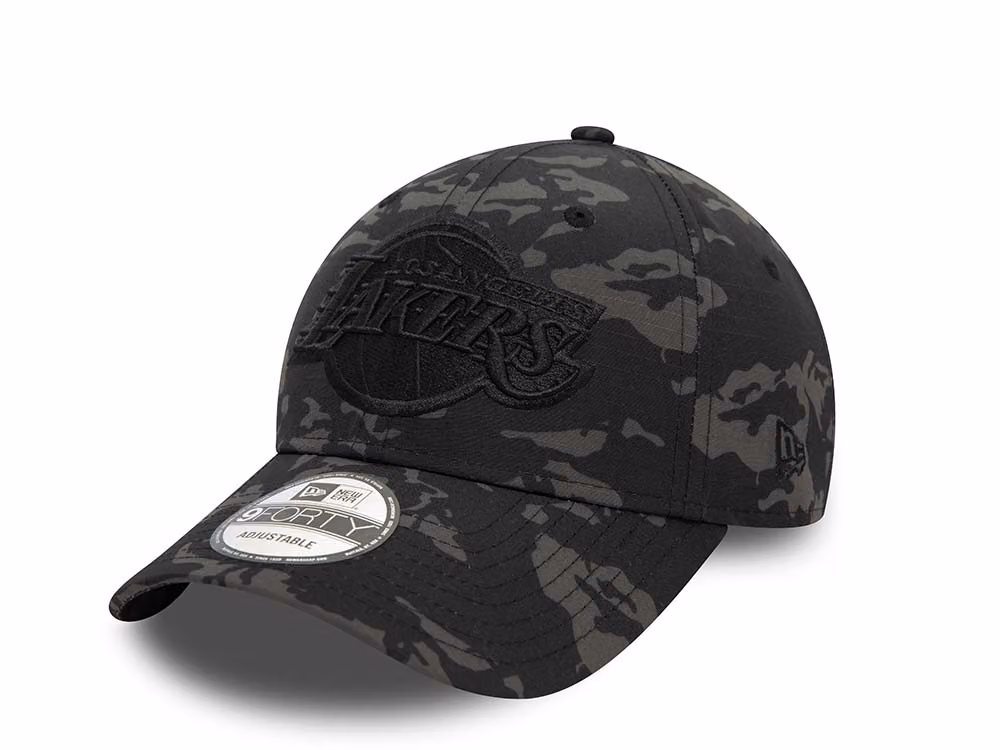 New Era Los Angeles Lakers Camo Black 9Forty Strapback Hat front