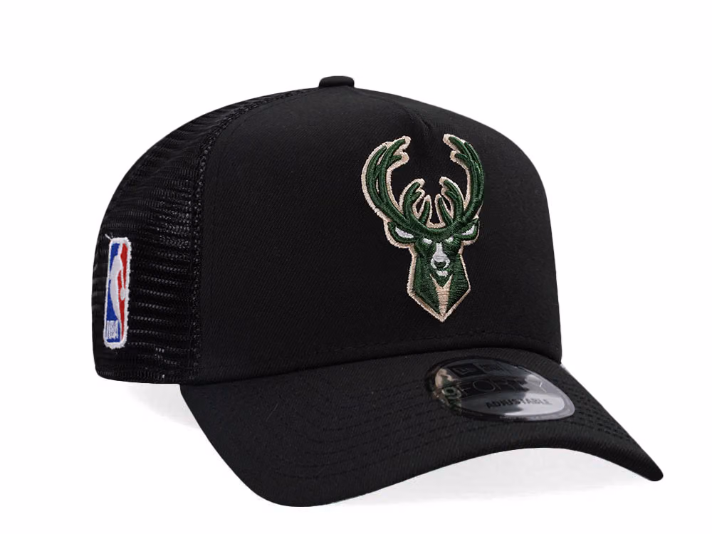 New Era Milwaukee Bucks Black Classic Edition Trucker 9Forty A Frame Snapback Hat front