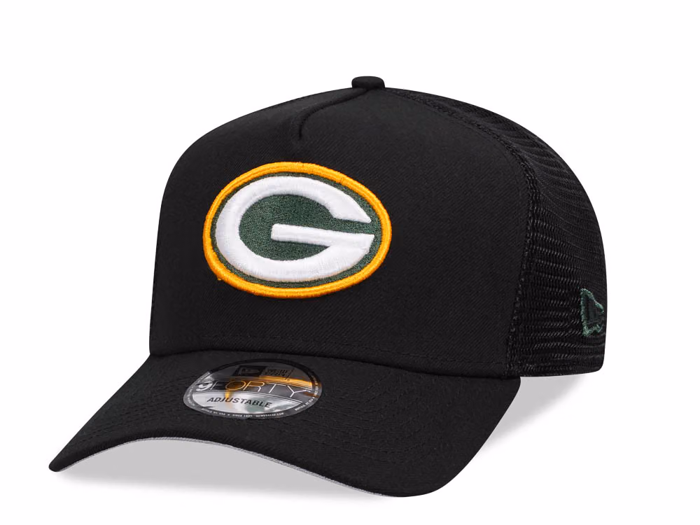 New Era Green Bay Packers Black 9Forty A Frame Trucker Snapback Hat front