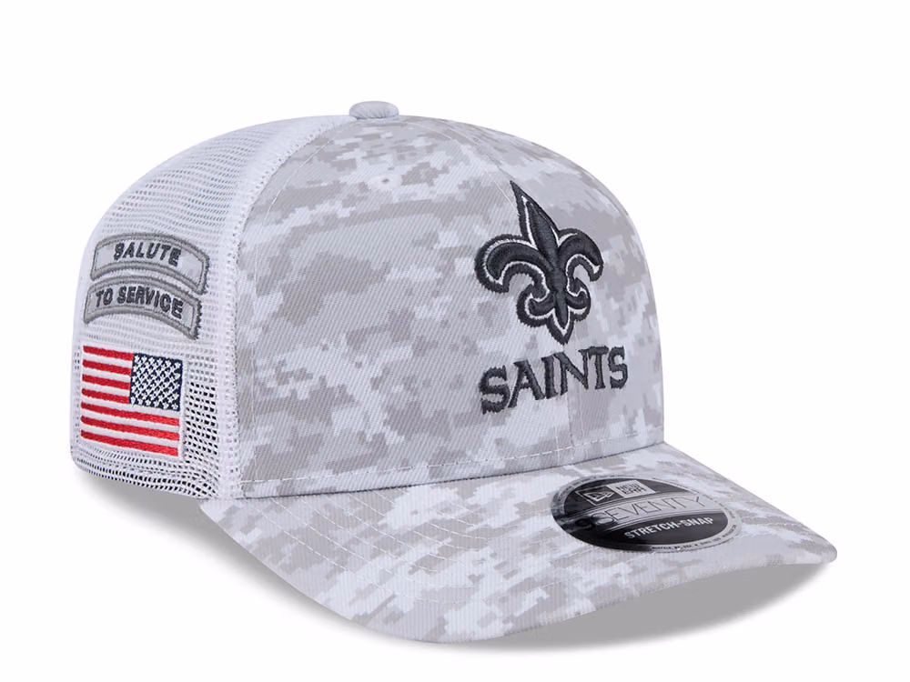 New Era New Orleans Saints Digi Camo Salute to Service 2024 Trucker 9Seventy Snapback Hat front