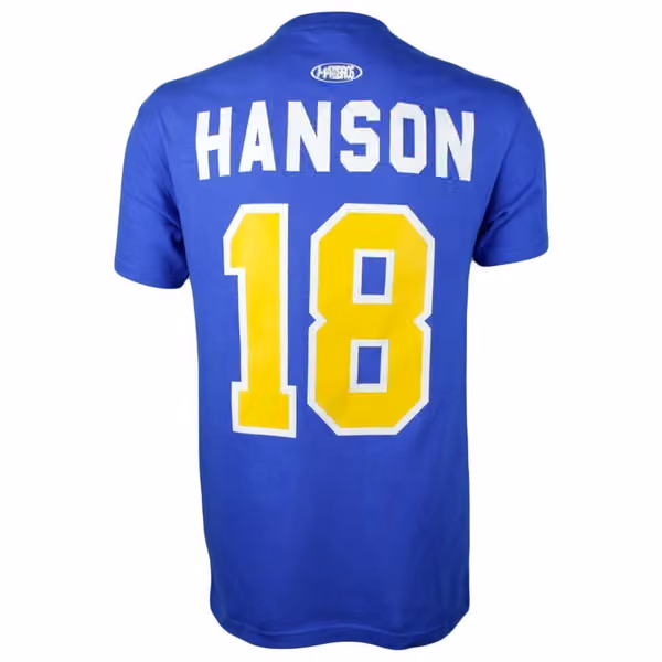 Slapshot Charlestown Chiefs Jeff Hanson #18 Hockey T-Shirt Blue view 2