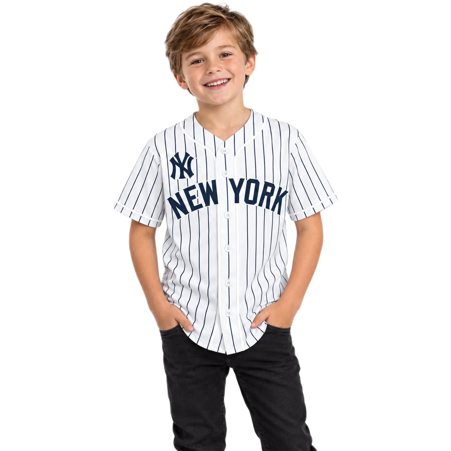 Kids New York Yankees White Jersey Custom Player Bold Stripes Style