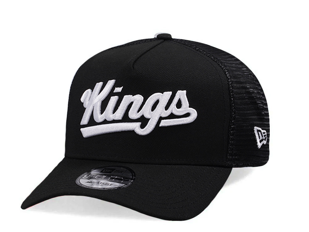 New Era Sacramento Kings Black Prime Edition 9Forty A Frame Trucker Snapback Hat front