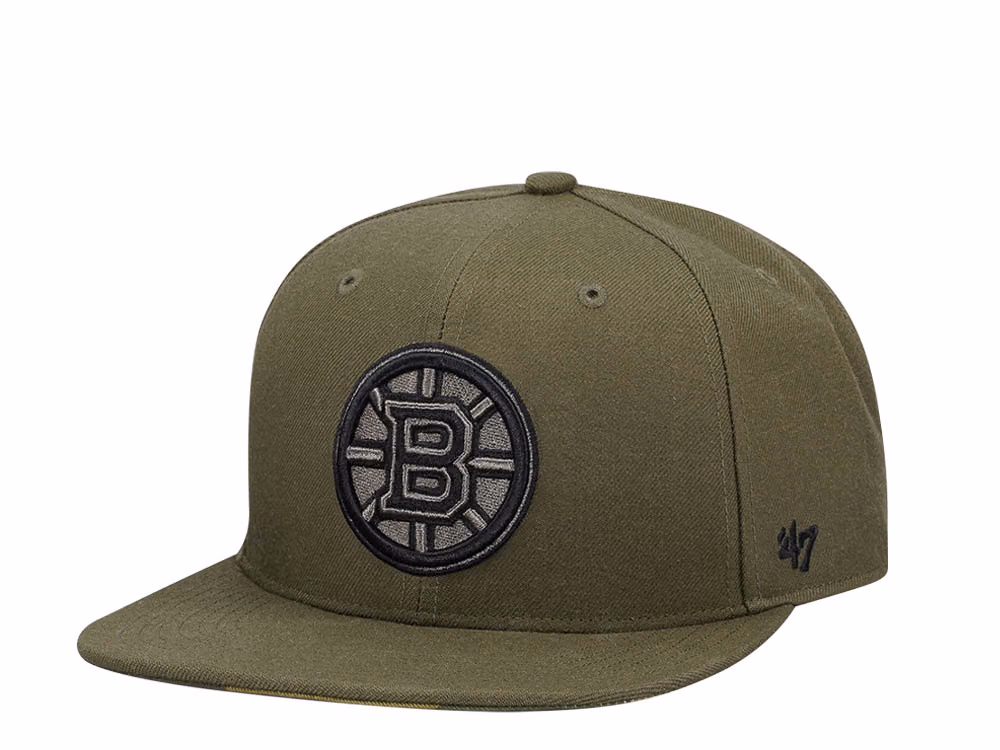 47Brand Boston Bruins Sandalwood Ballpark Camo Captain MVP Snapback Hat front