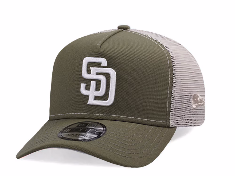 New Era San Diego Padres New Olive Prime Edition 9Forty A Frame Trucker Snapback Hat front