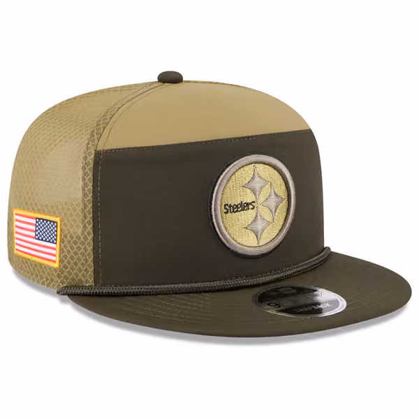 Pittsburgh Steelers 2025 NFL Salute to Service 9FIFTY Split Panel Trucker Snapback Cap Olive product photo