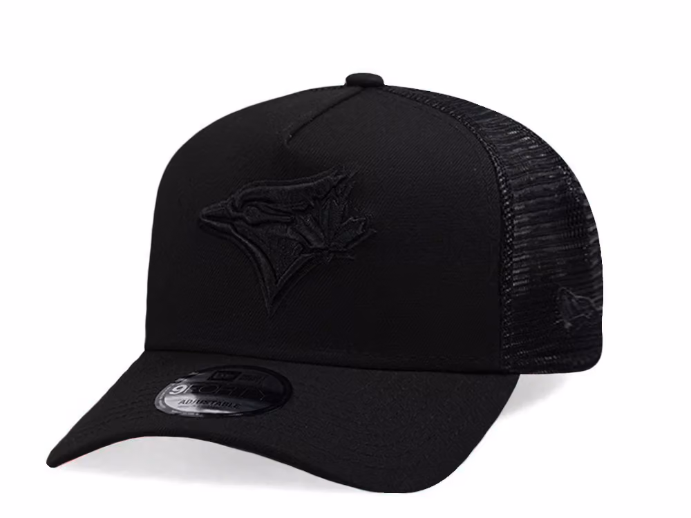 New Era Toronto Blue Jays Black On Black Edition 9Forty A Frame Trucker Snapback Hat front