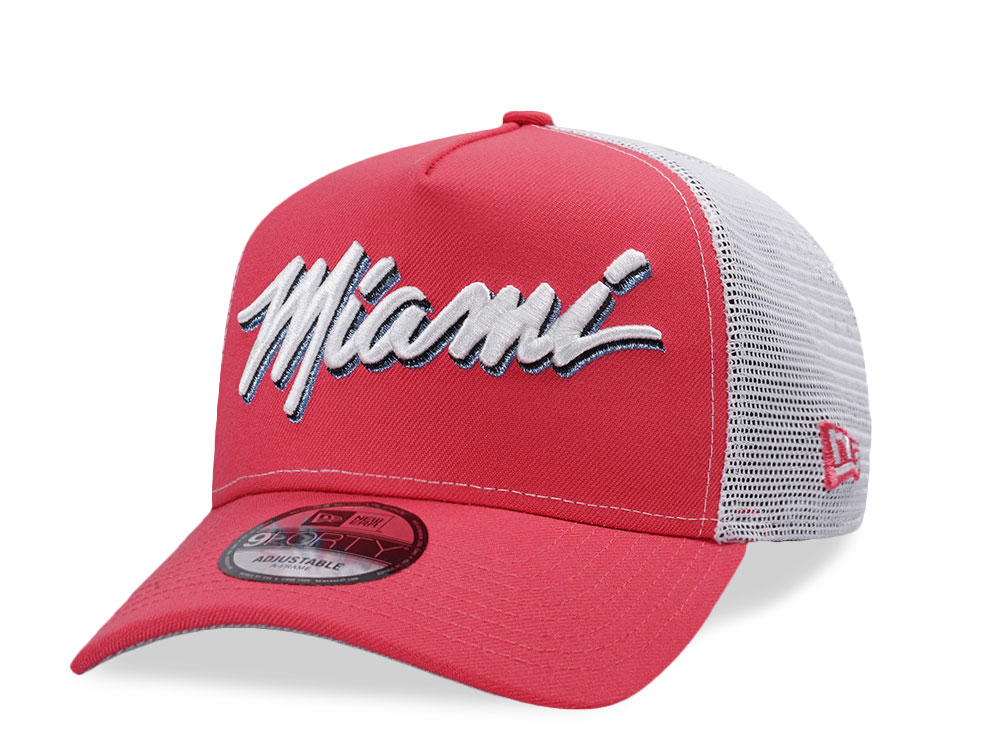 New Era Miami Heat Coral Pink Prime Edition 9Forty A Frame Trucker Snapback Hat front