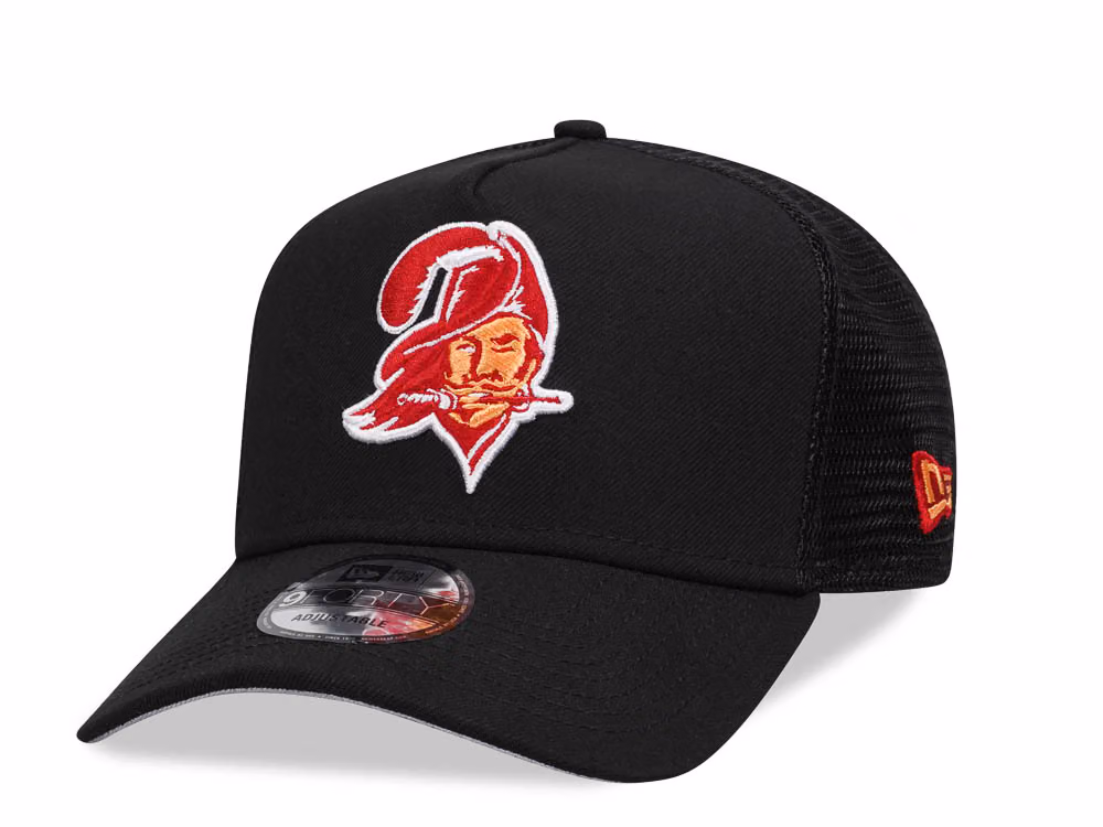 New Era Tampa Bay Buccaneers Black 9Forty A Frame Trucker Snapback Hat front