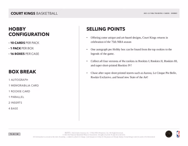 2021/22 Panini Court Kings Basketball Hobby Box NBA view 5