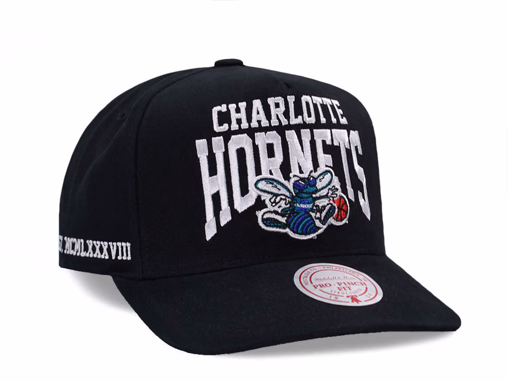 Mitchell & Ness Charlotte Hornets Black Pro Pinch Fit Snapback Hat front