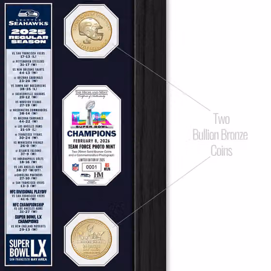 Seattle Seahawks Super Bowl LX Champions Banner Bronze Coins NFL Frame view 2