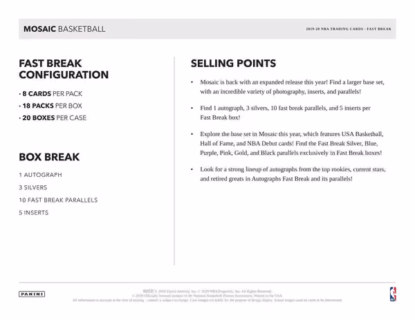 2019/20 Panini Mosaic Fast Break Basketball Hobby Box NBA view 2