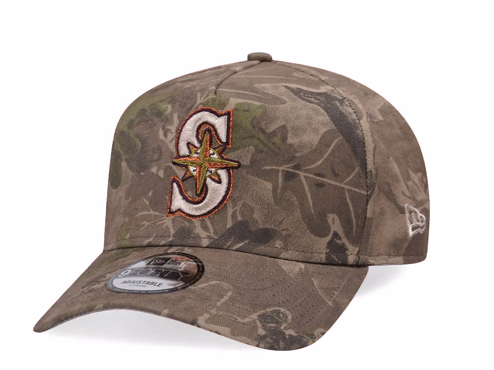 New Era Seattle Mariners Leaf Camo Copper 9Forty A Frame Snapback Hat front