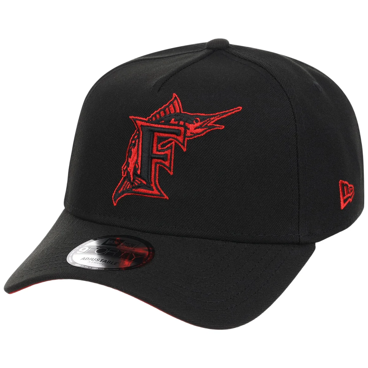 Miami Marlins MLB Black x Red FASHION CORE New Era 9FORTY A-Frame detail view