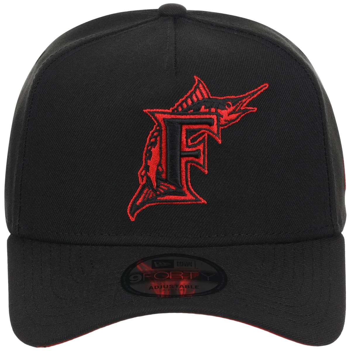 Miami Marlins MLB Black x Red FASHION CORE New Era 9FORTY A-Frame detail view