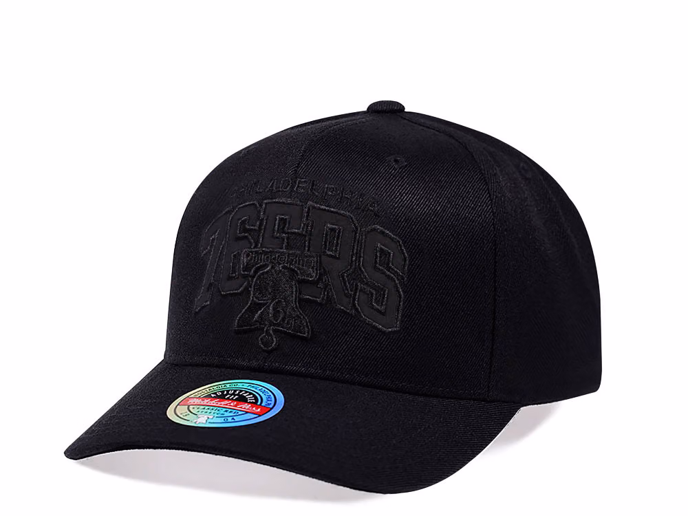 Mitchell & Ness Philadelphia 76ers Black Out Team Arch Red Line Flex Snapback Hat front