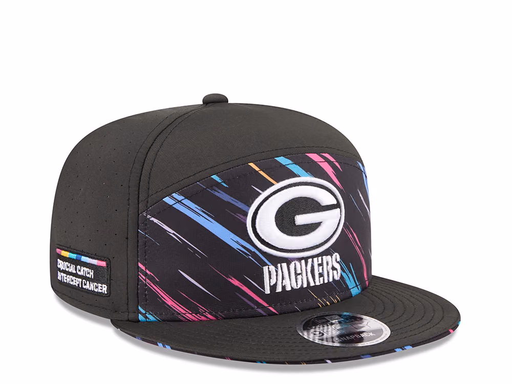 New Era Green Bay Packers Crucial Catch 2026 Black Edition 9Fifty Split Panel Snapback Hat front