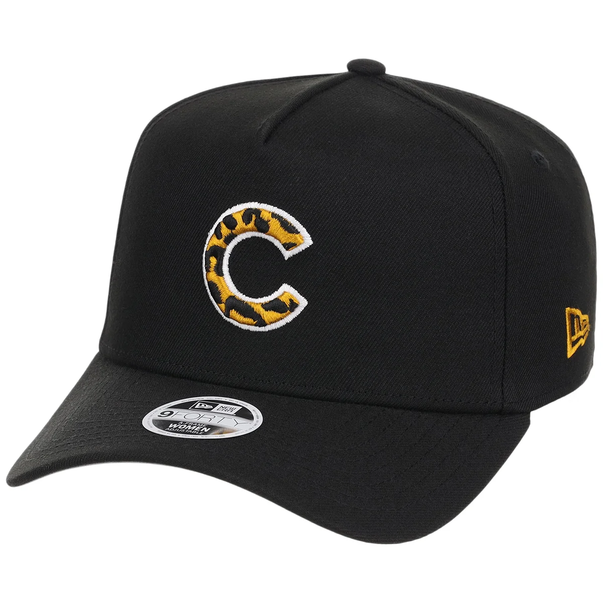 Chicago Cubs Women's New Era 9FORTY Black x Cheetah A-Frame detail view