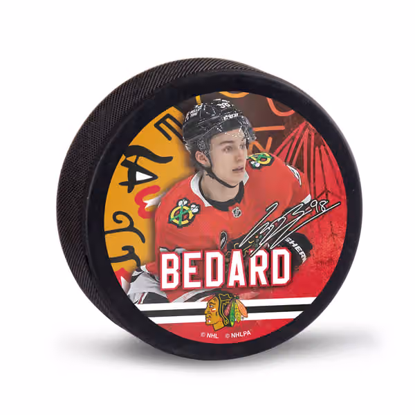Connor Bedard Chicago Blackhawks NHL Player Puck view 1