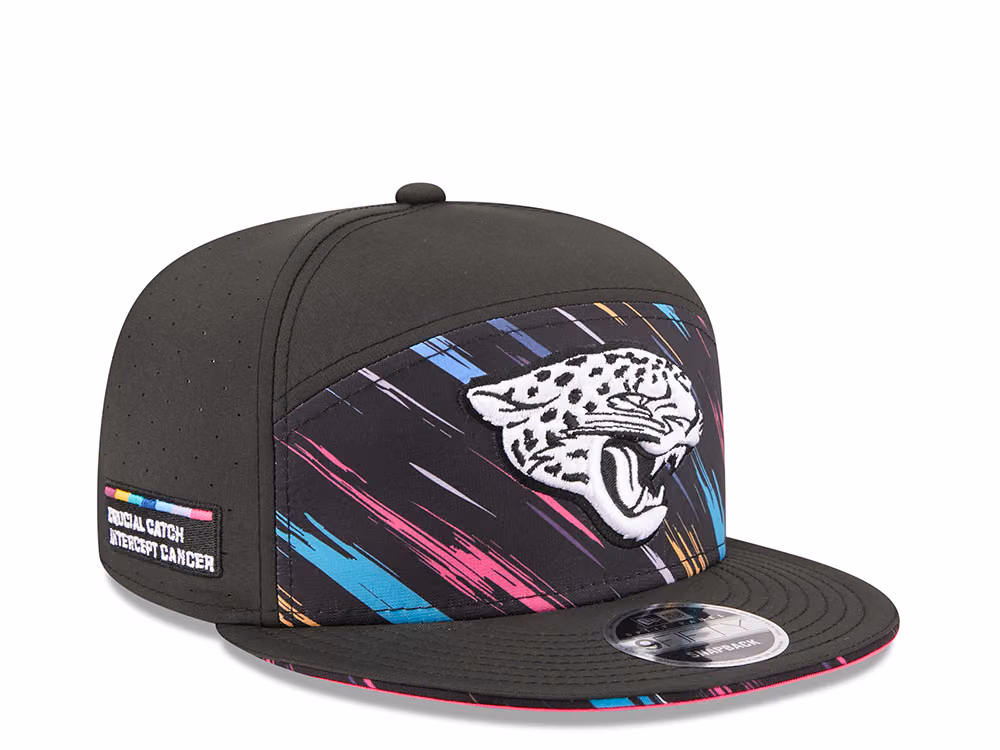 New Era Jacksonville Jaguars Crucial Catch 2026 Black Edition 9Fifty Split Panel Snapback Hat front