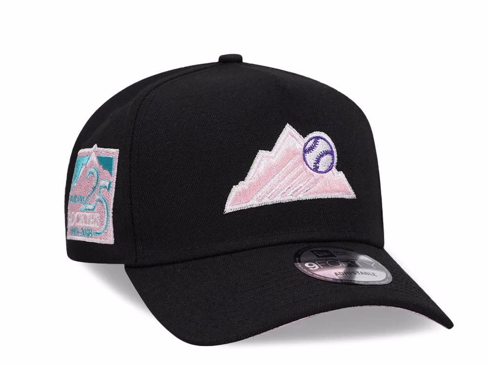 New Era Colorado Rockies 25th Anniversary Black Pink A Frame 9 Forty Snapback Hat front