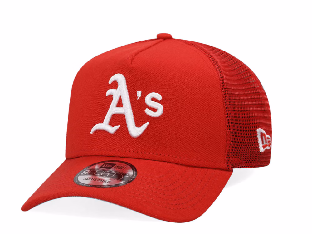 New Era Oakland Athletics Scarlet Red Trucker A Frame 9Forty Snapback Hat front