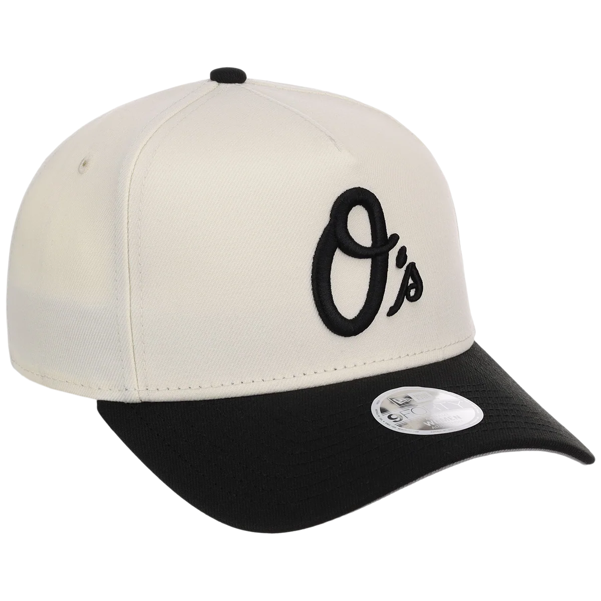 Baltimore Orioles Women's New Era 9FORTY Chrome x Black A-Frame front view