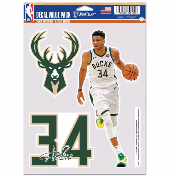 Giannis Antetokounmpo #34 Milwaukee Bucks Player NBA Decals Set (3 Pcs.) view 1