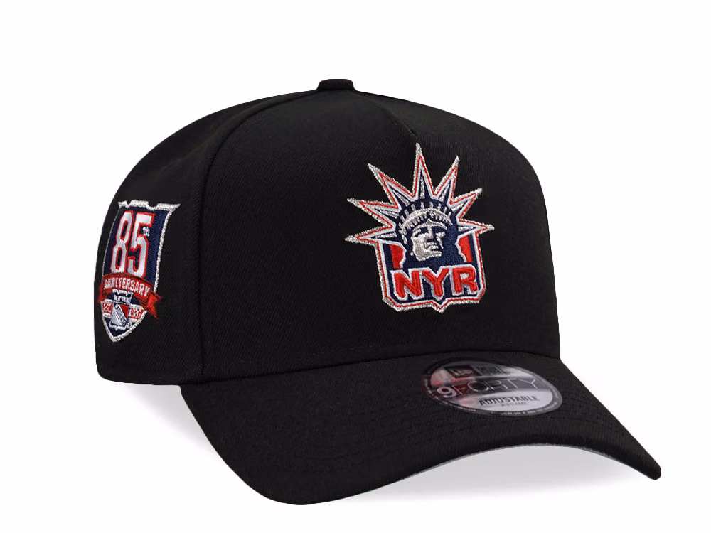 New Era New York Rangers 85th Anniversary Black Prime Edition 9Forty A Frame Snapback Hat front