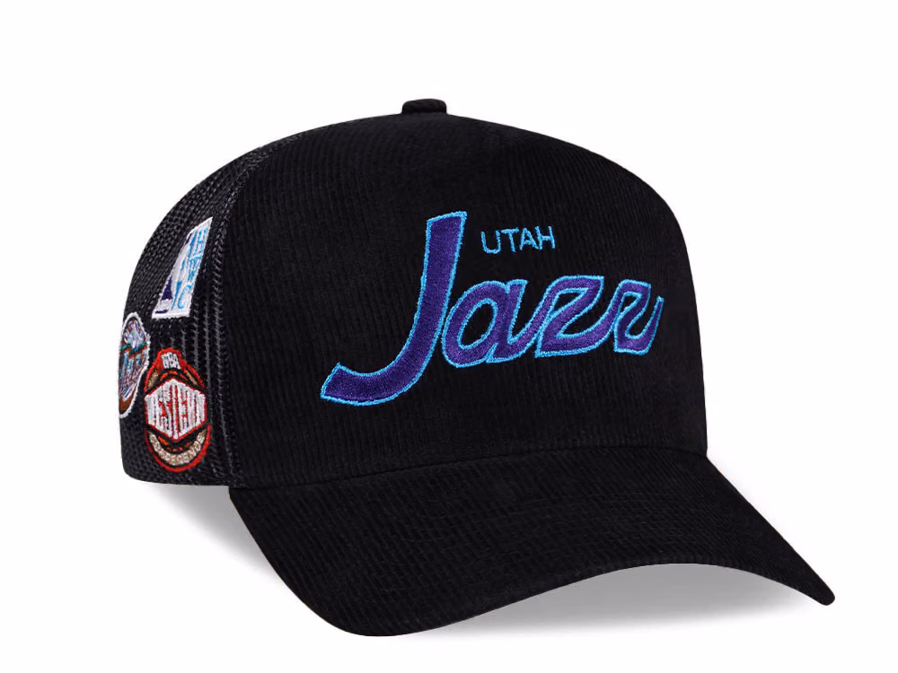 Mitchell & Ness Utah Jazz Times up Black Cord Hardwood Classic Trucker Snapback Hat front