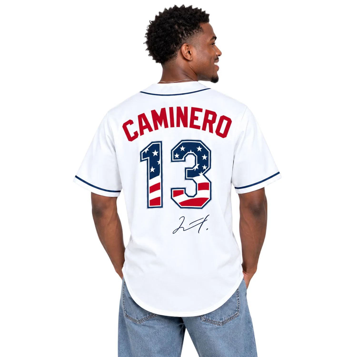 Rays Fan Jersey Junior Caminero Patriotic Bold Game Style