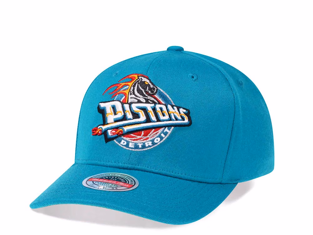 Mitchell & Ness Detroit Pistons Team Ground Red Line Solid Flex Teal Snapback Hat front