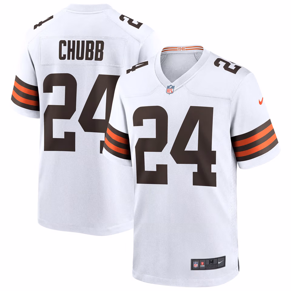 Nick Chubb #24 Cleveland Browns Nike Game NFL Football Jersey White view 1