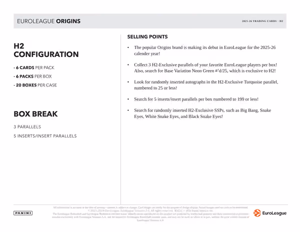 2025/26 Panini Origins EuroLeague Basketball H2 Box view 5