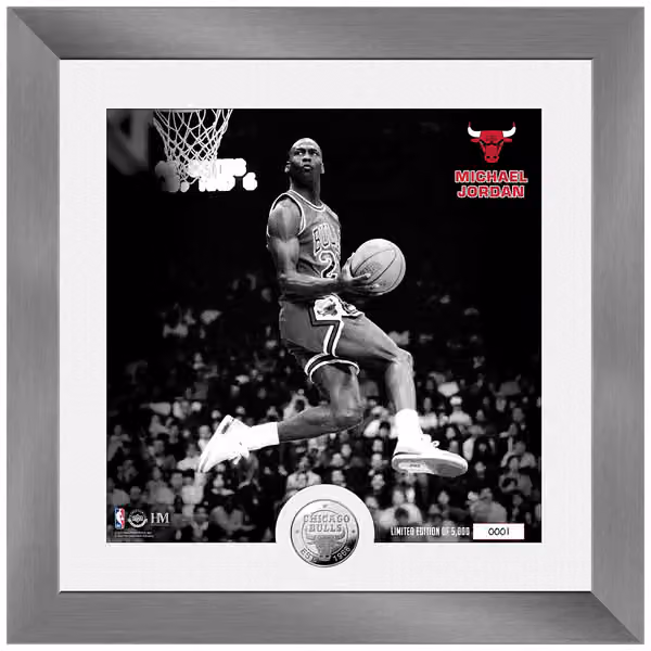 Michael Jordan Chicago Bulls Reverse Dunk Silver Coin Framed NBA Photo view 1