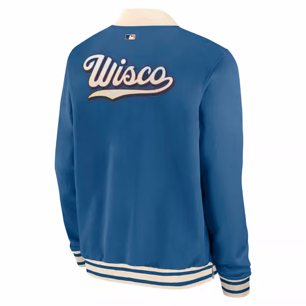 Milwaukee Brewers City Connect 2026 MLB Authentic Dugout Bomber Jacket Blue view 3