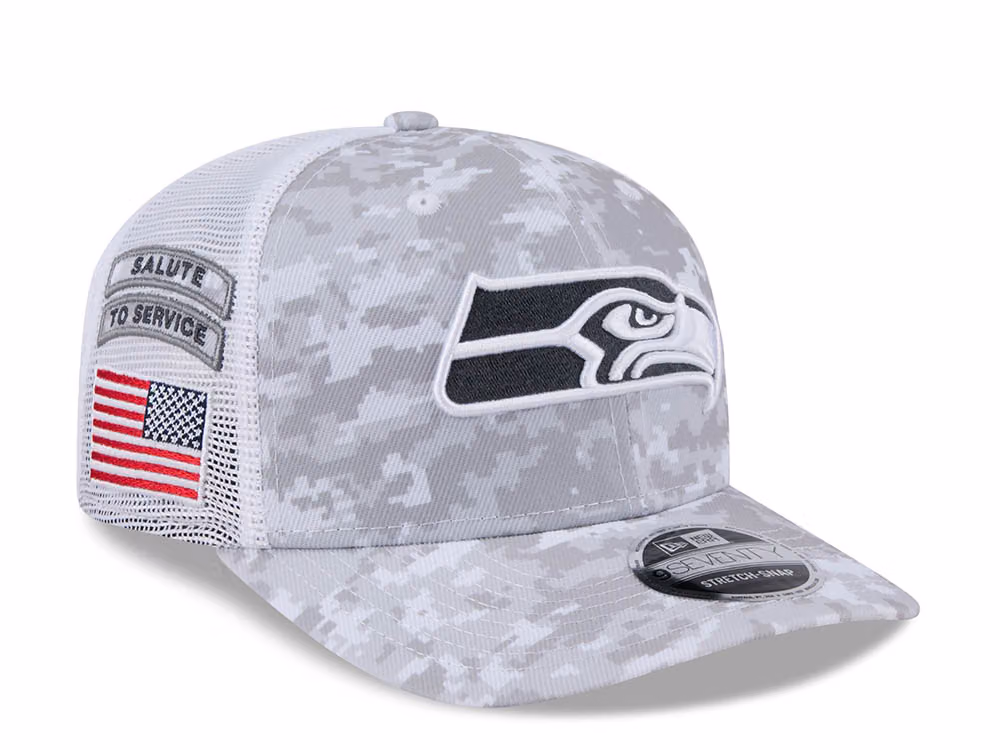 New Era Seattle Seahawks Digi Camo Salute to Service 2024 Trucker 9Seventy Snapback Hat front