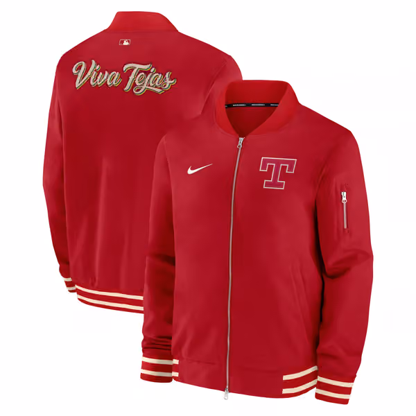 Texas Rangers City Connect 2026 MLB Authentic Dugout Bomber Jacket Red view 1