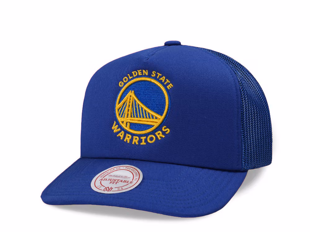 Mitchell & Ness Golden State Warriors Royal Blue Adjustable Fit Trucker Snapback Hat front