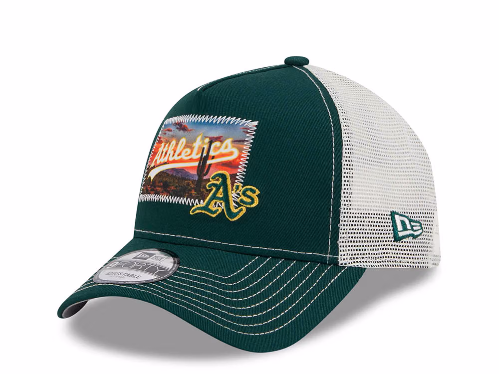 New Era Oakland Athletics M Patch Green 9Forty A Frame Trucker Snapback Hat front